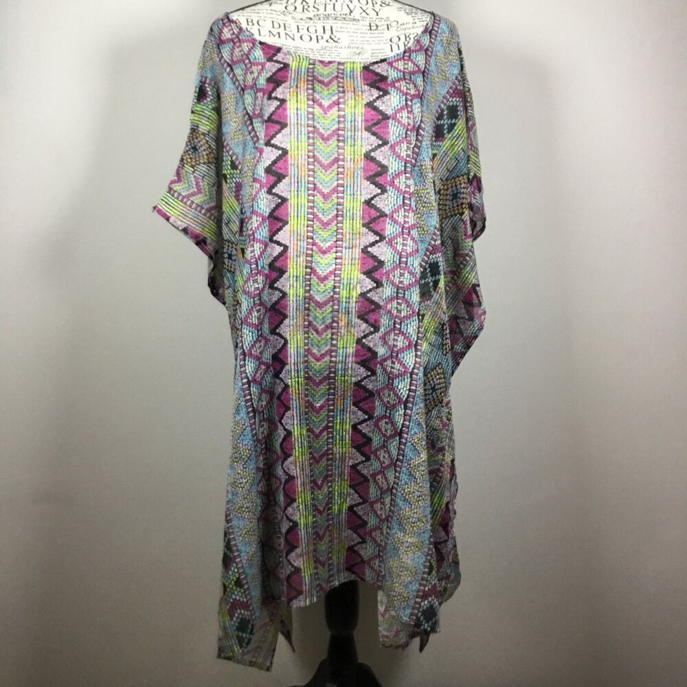 Kitara kaftan style sheer coverup bold geometric multicolor pattern O/S beachy